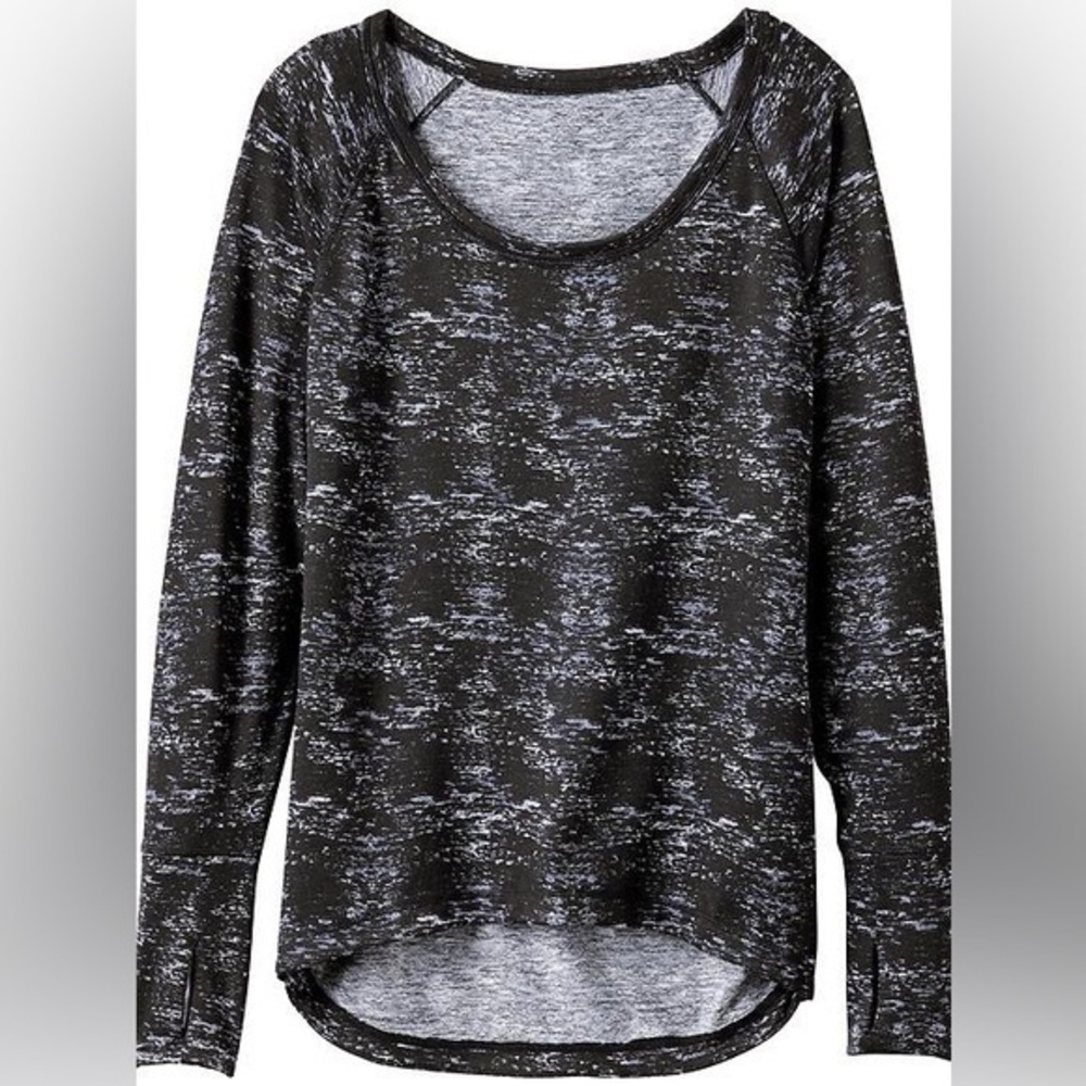 Athleta Black Heather Printed No Sweatin' It Sharkbite Top Long sleeve size XXS
